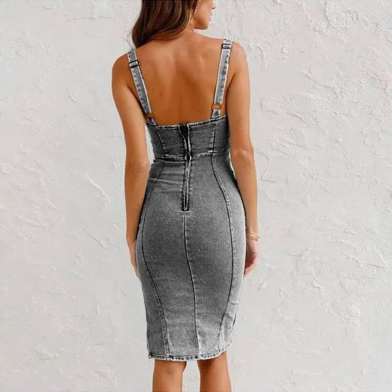 Estelle - Bodycon Denim Jurk met U-Vormige Hals en Split met Verstelbare Bandjes