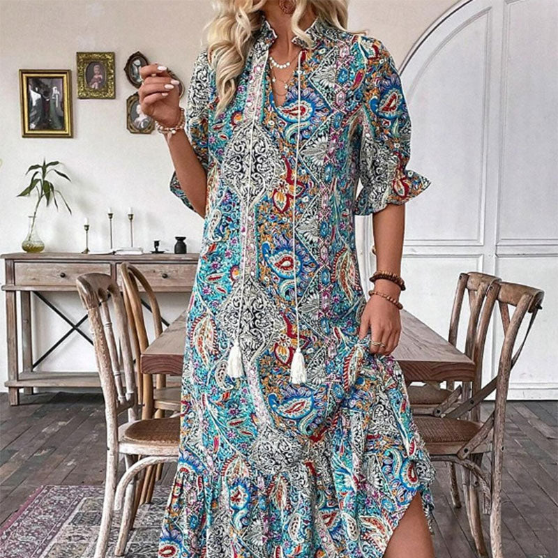Esther - Elegante V-hals bloemenprint boho jurk voor dames