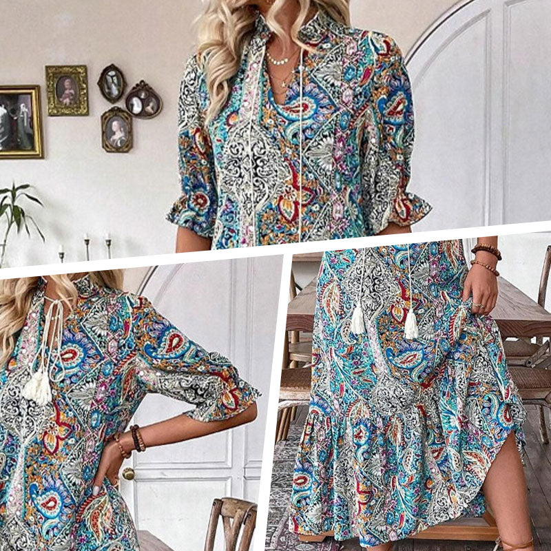 Esther - Elegante V-hals bloemenprint boho jurk voor dames