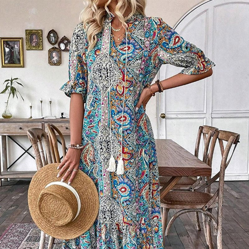 Esther - Elegante V-hals bloemenprint boho jurk voor dames