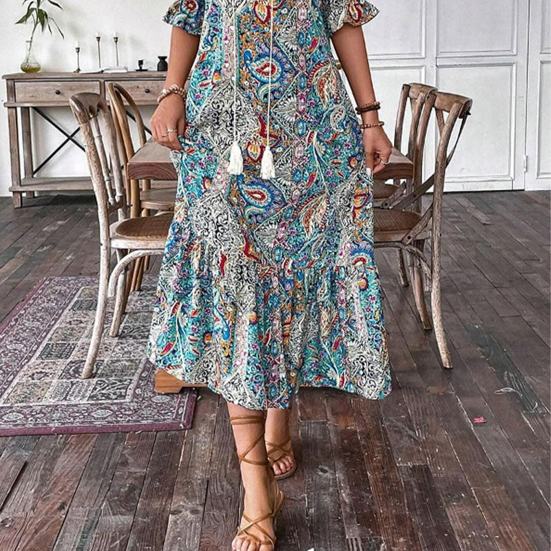 Esther - Elegante V-hals bloemenprint boho jurk voor dames