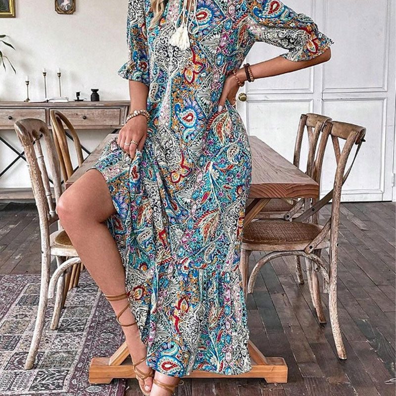 Esther - Elegante V-hals bloemenprint boho jurk voor dames
