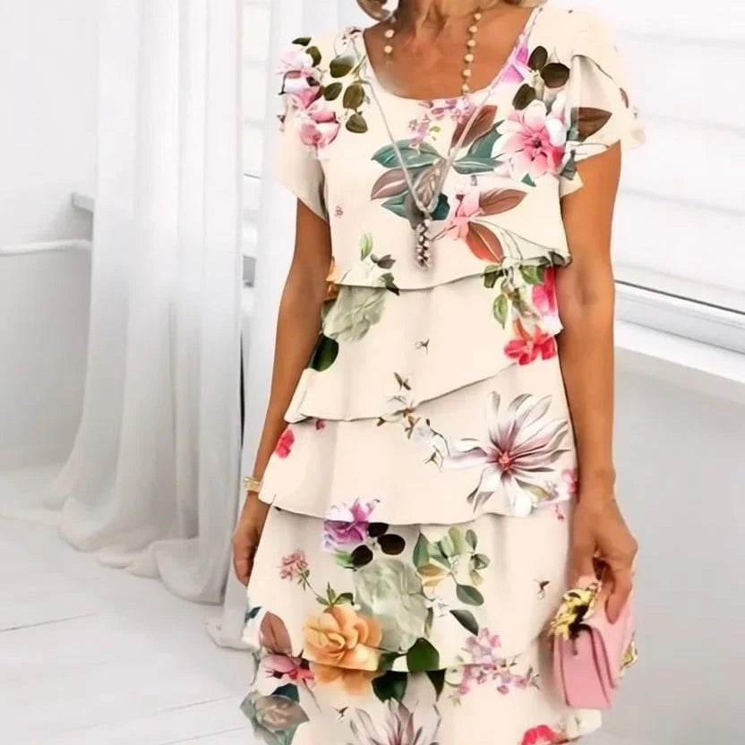 Elif - Bloemen geplooide jurk met ruches