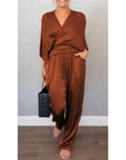Aurea - Elegante 2-delige damesset, top met v-hals en gemerceriseerde katoenen broek