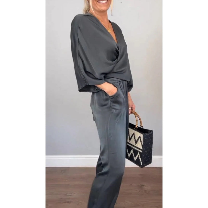 Aurea - Elegante 2-delige damesset, top met v-hals en gemerceriseerde katoenen broek