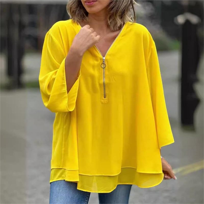 Quorina - Dames Blouse van Chiffon met V-hals en Rits, 3/4 Mouwen, Vloeiende Elegante Stijl