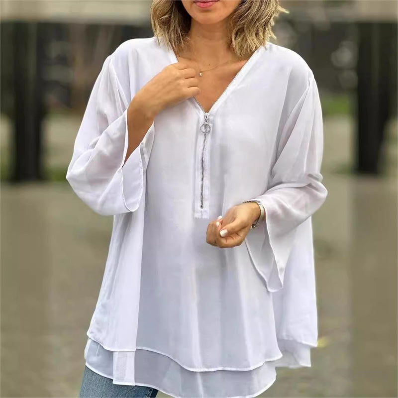 Quorina - Dames Blouse van Chiffon met V-hals en Rits, 3/4 Mouwen, Vloeiende Elegante Stijl