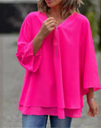 Quorina - Dames Blouse van Chiffon met V-hals en Rits, 3/4 Mouwen, Vloeiende Elegante Stijl