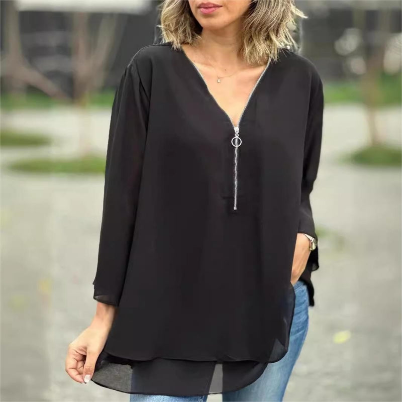 Quorina - Dames Blouse van Chiffon met V-hals en Rits, 3/4 Mouwen, Vloeiende Elegante Stijl