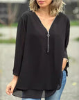Quorina - Dames Blouse van Chiffon met V-hals en Rits, 3/4 Mouwen, Vloeiende Elegante Stijl