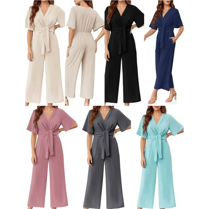 Sylenna - Dames jumpsuit met V-hals en brede benen met riem