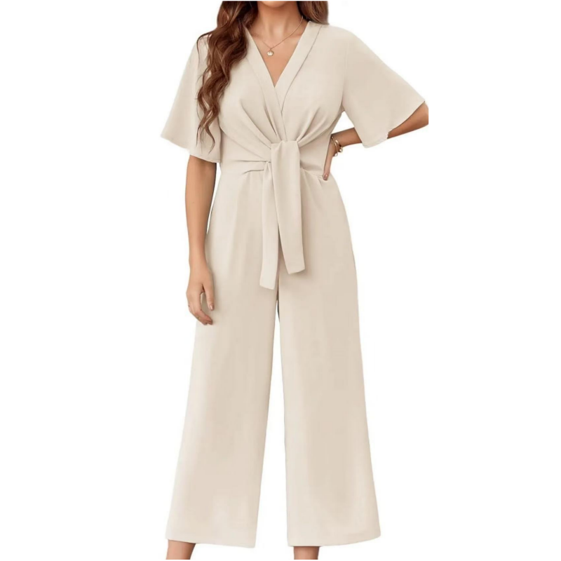 Sylenna - Dames jumpsuit met V-hals en brede benen met riem