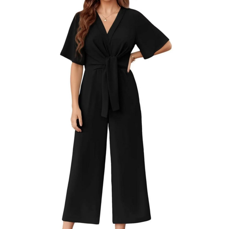 Sylenna - Dames jumpsuit met V-hals en brede benen met riem