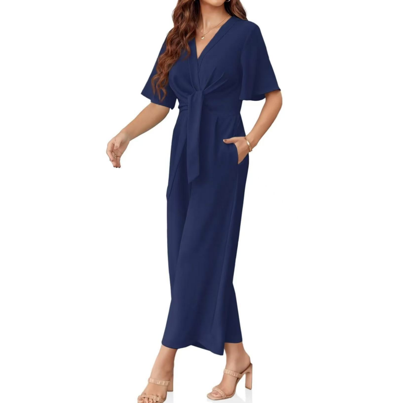 Sylenna - Dames jumpsuit met V-hals en brede benen met riem
