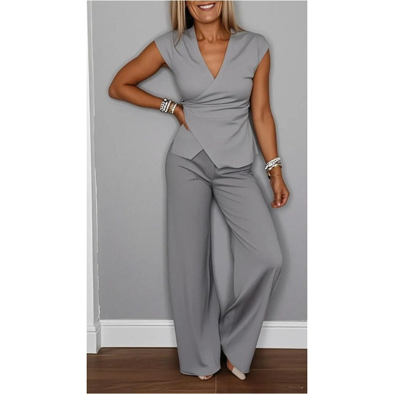 Bovirae - Elegante damesoutfit met V-hals en moderne vloeiende broek