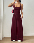Jovixia - Dames jumpsuit met fijne bandjes luchtig wijde benen zomer