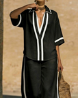 Cirevyn - Dames set van twee delen linnen V-hals blouse en brede broek met strepen