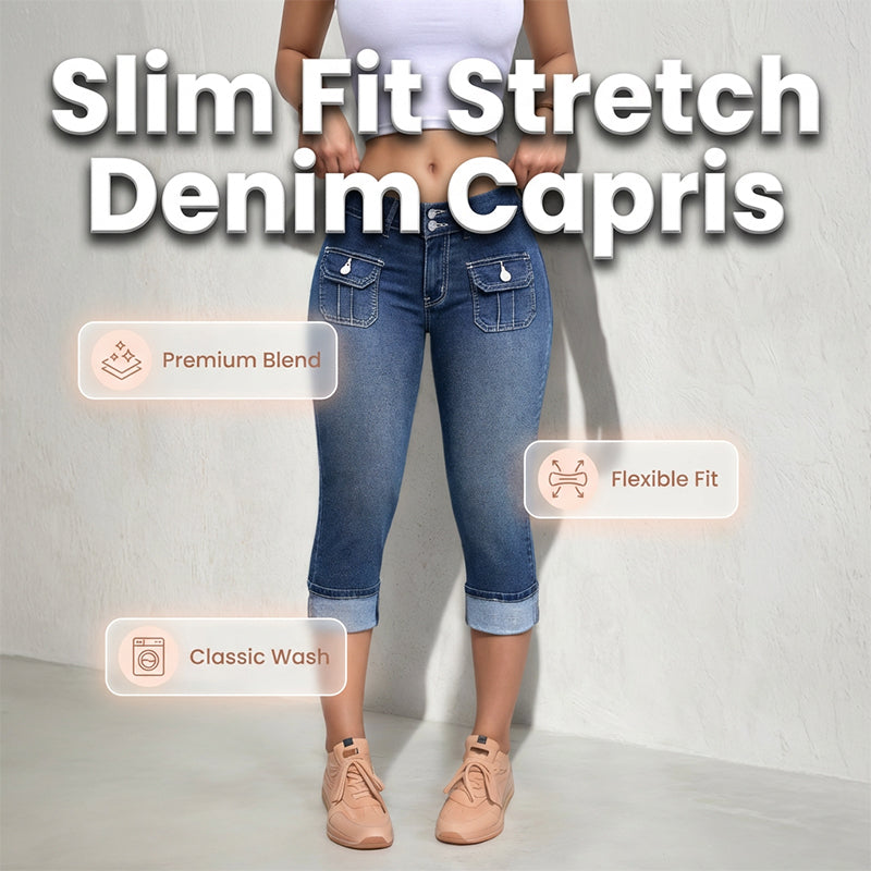 Hovelle - Dames Capri Broek Denim Stretch Aansluitende Pasvorm Midden Hoge Taille