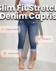 Hovelle - Dames Capri Broek Denim Stretch Aansluitende Pasvorm Midden Hoge Taille
