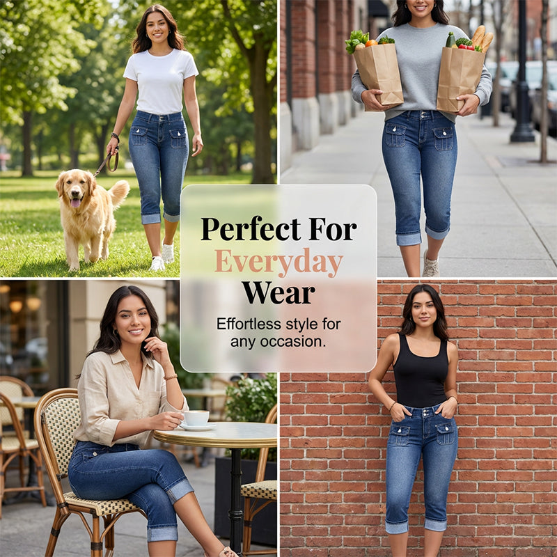 Hovelle - Dames Capri Broek Denim Stretch Aansluitende Pasvorm Midden Hoge Taille