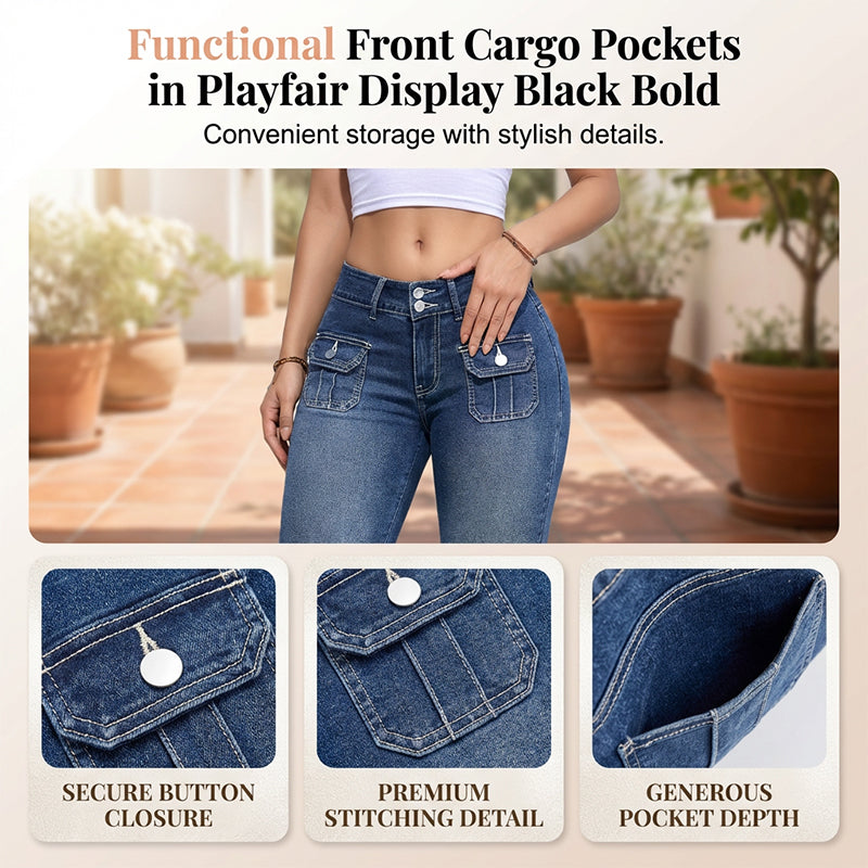 Hovelle - Dames Capri Broek Denim Stretch Aansluitende Pasvorm Midden Hoge Taille