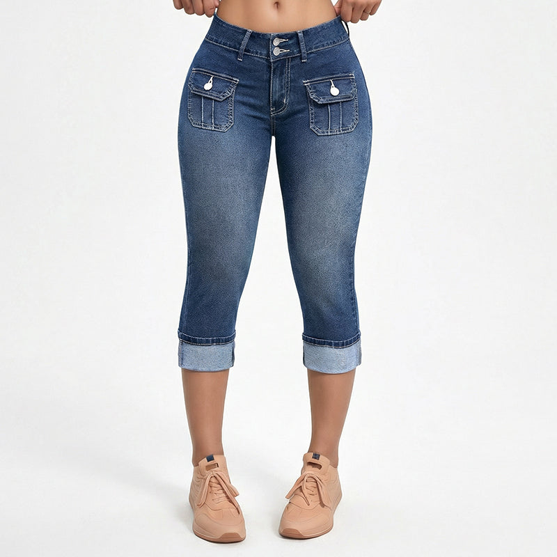 Hovelle - Dames Capri Broek Denim Stretch Aansluitende Pasvorm Midden Hoge Taille