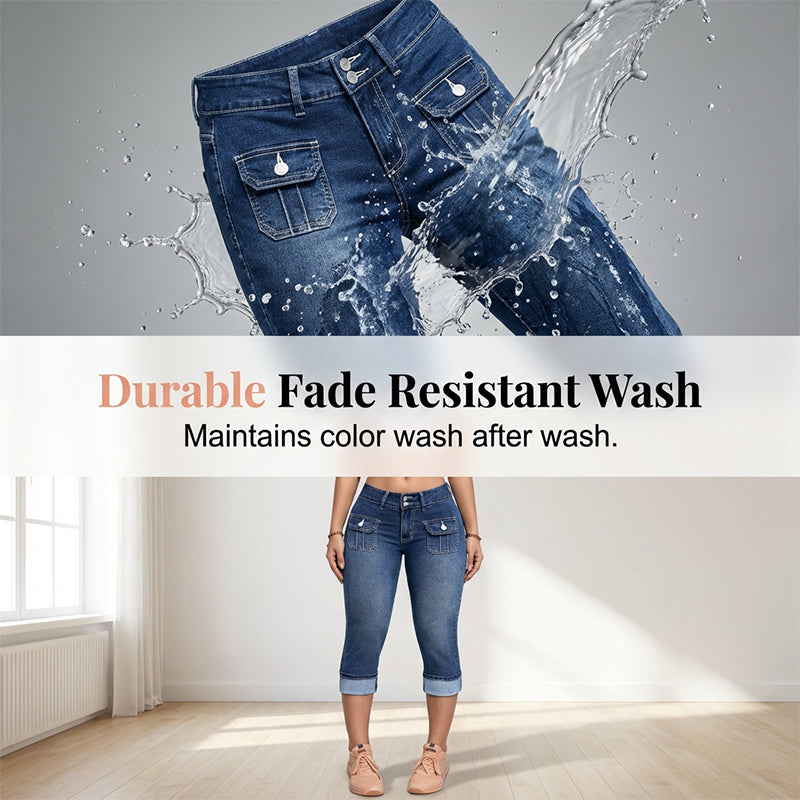 Hovelle - Dames Capri Broek Denim Stretch Aansluitende Pasvorm Midden Hoge Taille