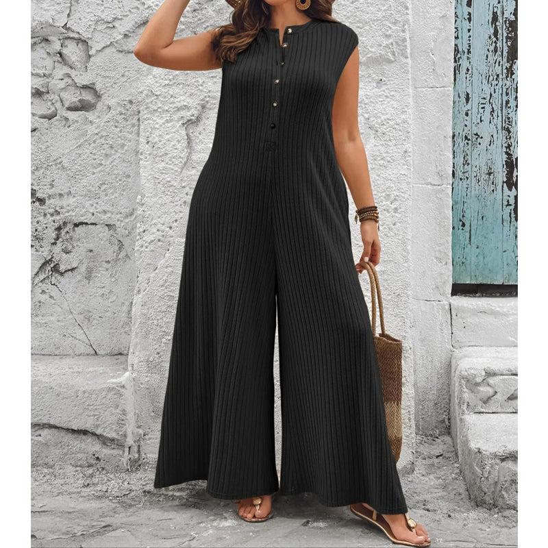 Azeloria - Dames zonder mouwen jumpsuit met brede pijpen en zakken