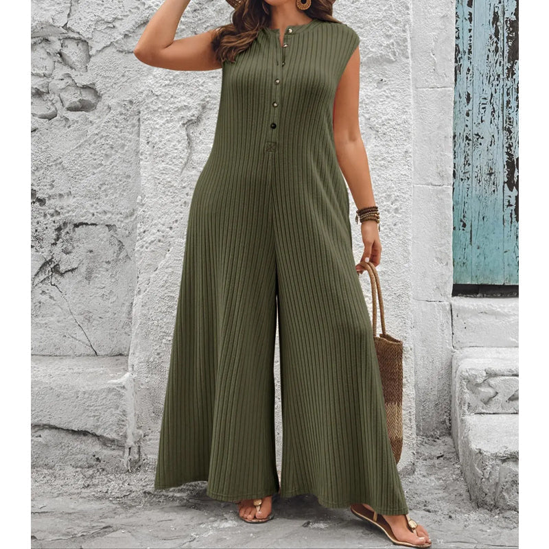 Azeloria - Dames zonder mouwen jumpsuit met brede pijpen en zakken