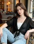 Brynoria - Korte vrouwen top van transparant chiffon met strik aan de voorkant
