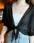 Brynoria - Korte vrouwen top van transparant chiffon met strik aan de voorkant