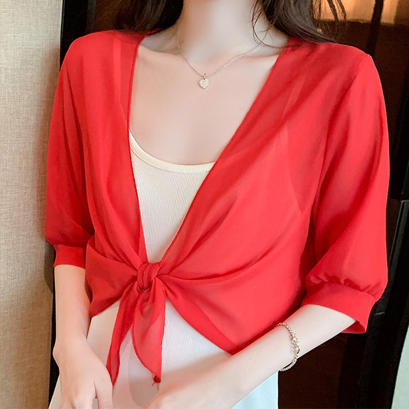 Brynoria - Korte vrouwen top van transparant chiffon met strik aan de voorkant