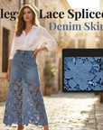 Helynora - Lange denim rok voor vrouwen met kanten bloemenrand