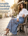 Helynora - Lange denim rok voor vrouwen met kanten bloemenrand