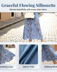Helynora - Lange denim rok voor vrouwen met kanten bloemenrand