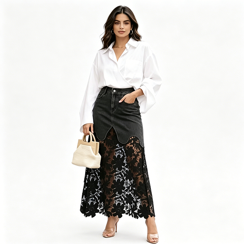 Helynora - Lange denim rok voor vrouwen met kanten bloemenrand