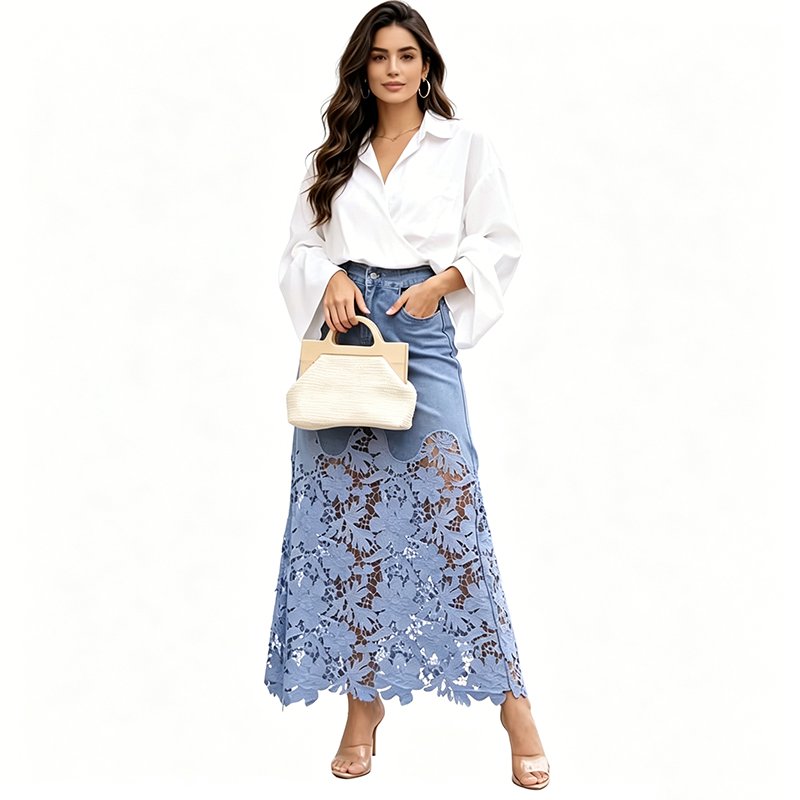 Helynora - Lange denim rok voor vrouwen met kanten bloemenrand