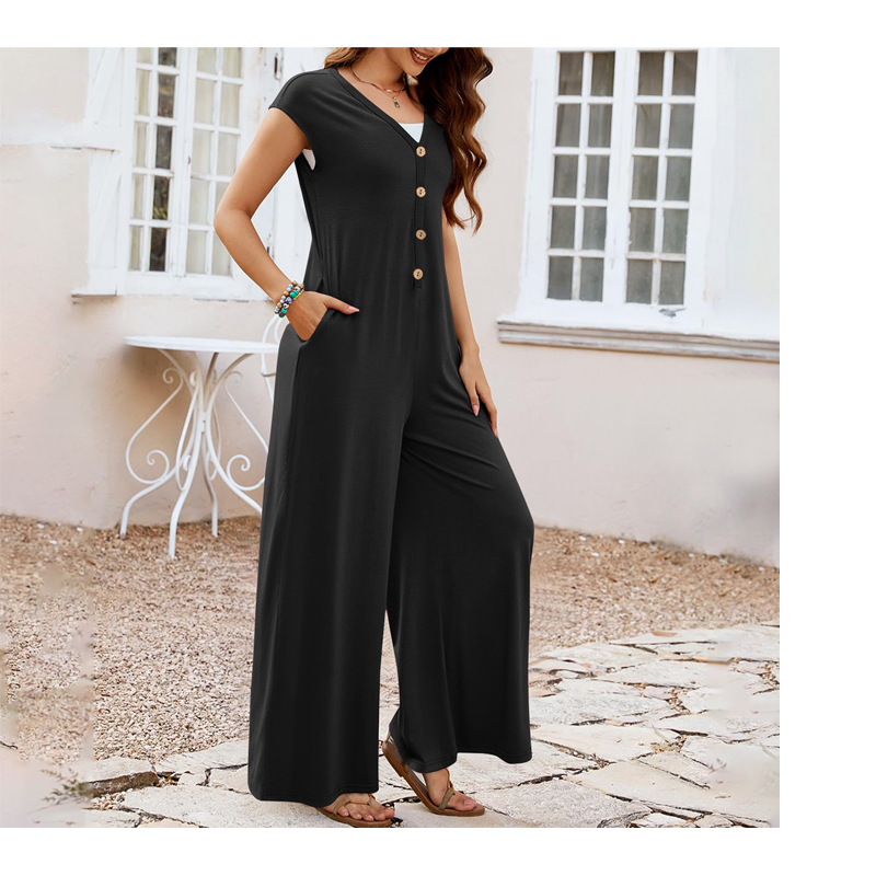 Priscena - Dames jumpsuit met V-hals, knopen en wijde benen