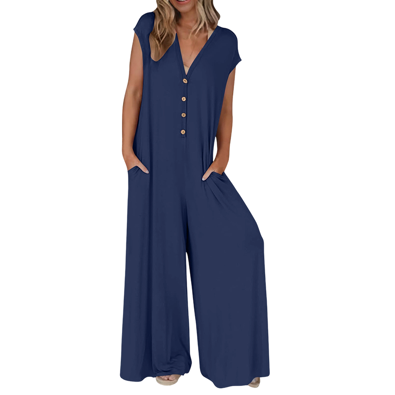 Priscena - Dames jumpsuit met V-hals, knopen en wijde benen