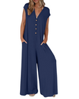 Priscena - Dames jumpsuit met V-hals, knopen en wijde benen
