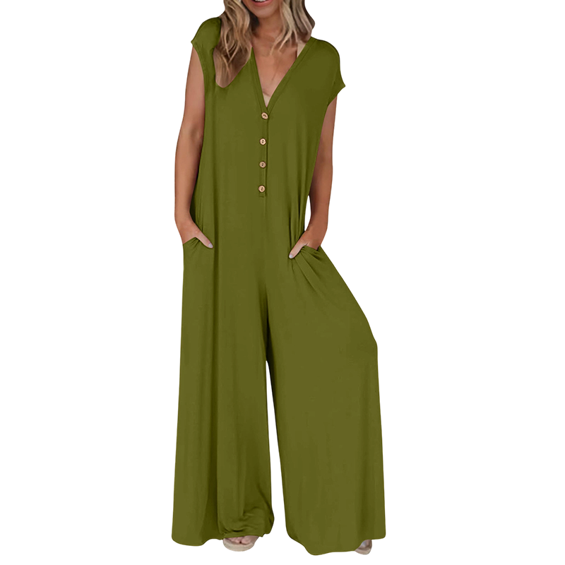 Priscena - Dames jumpsuit met V-hals, knopen en wijde benen