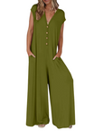 Priscena - Dames jumpsuit met V-hals, knopen en wijde benen