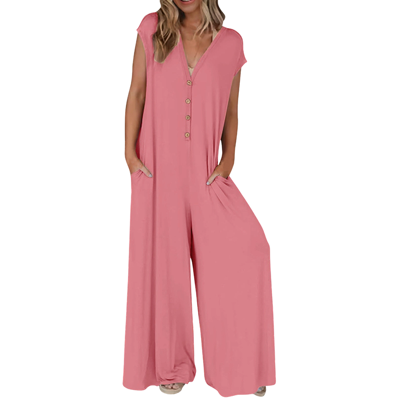 Priscena - Dames jumpsuit met V-hals, knopen en wijde benen