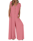 Priscena - Dames jumpsuit met V-hals, knopen en wijde benen