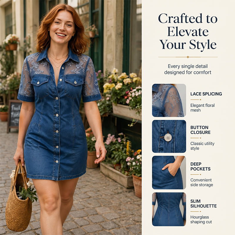 Galena - Korte denim blousejurk voor dames met transparante kant