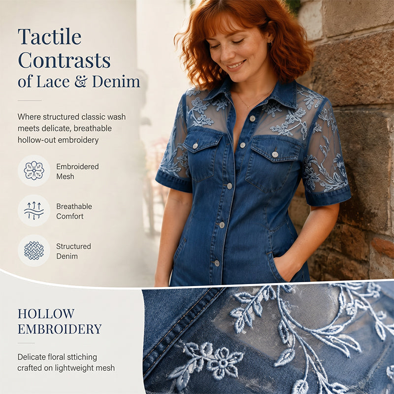 Galena - Korte denim blousejurk voor dames met transparante kant
