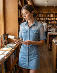 Galena - Korte denim blousejurk voor dames met transparante kant