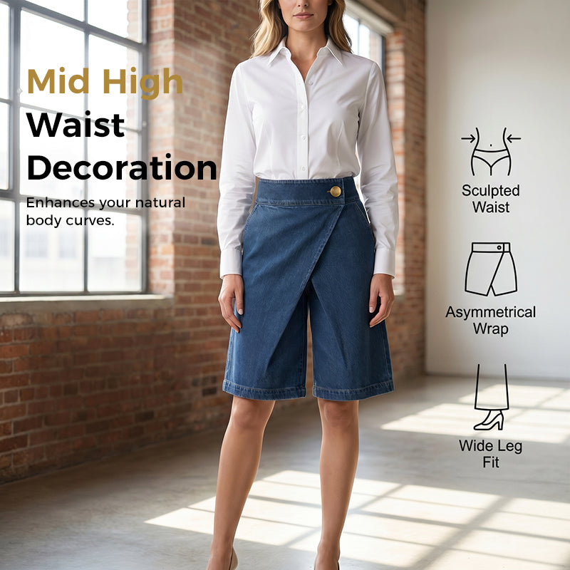 Hesperia - Korte damesbroek met denim effect en asymmetrische portefeuille snit