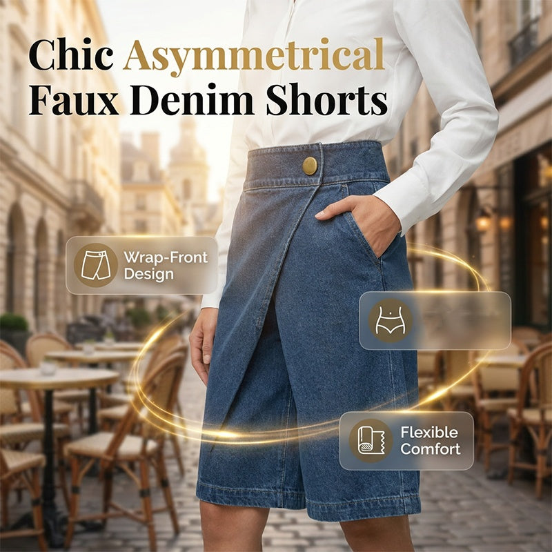 Hesperia - Korte damesbroek met denim effect en asymmetrische portefeuille snit