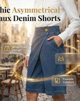 Hesperia - Korte damesbroek met denim effect en asymmetrische portefeuille snit